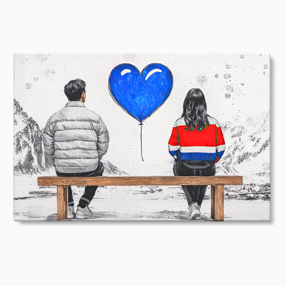 Tablou canvas cu ilustratie cu doi tineri pe banca, fara rama, pe sasiu de lemn